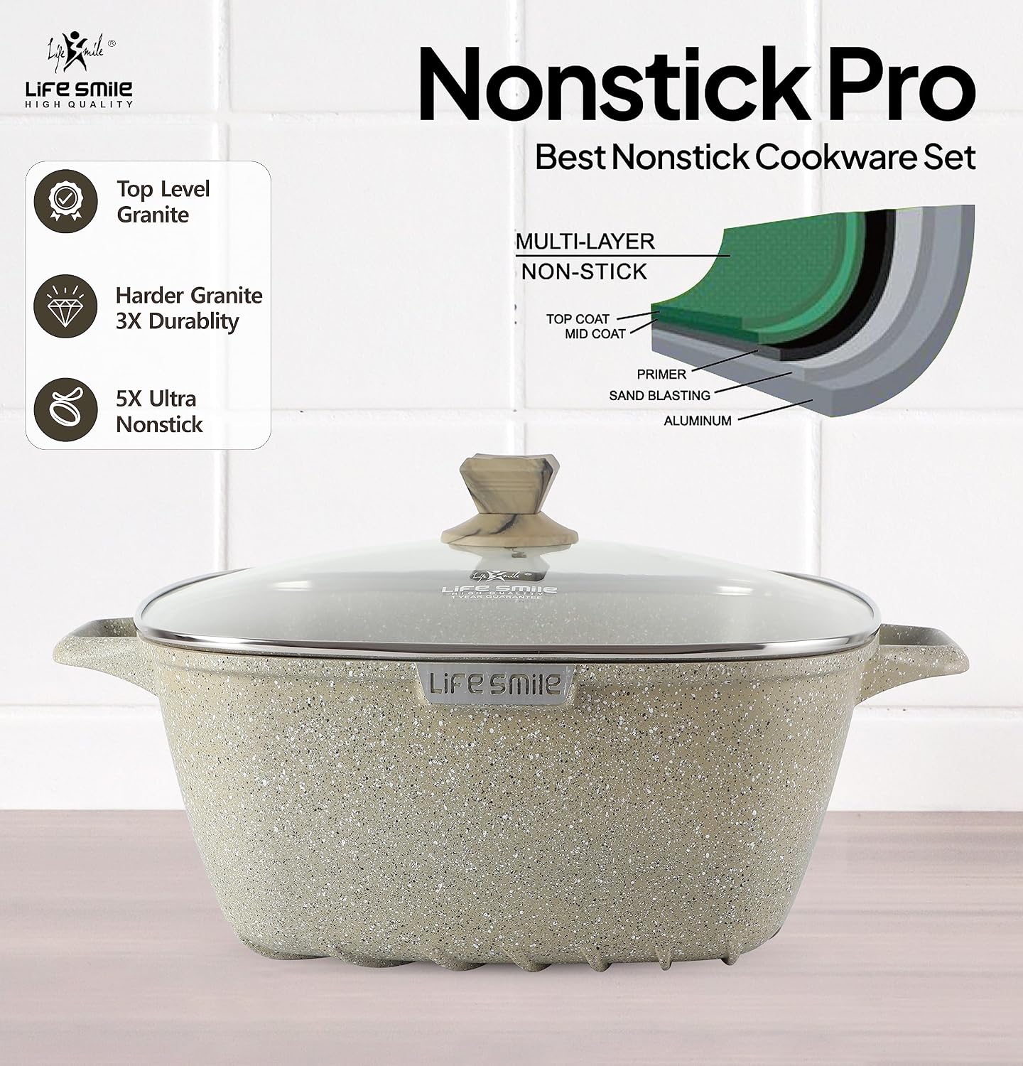 Cookware Set LIFE SMILE 22 pieces Square Pots and Pans Set - Granite, Non-Stick, PFOA Free - Include Casseroles, Shallow Pot, Hot Pot, Crepe Pan, Fish Pan, Kitchen Utensils - Image 4