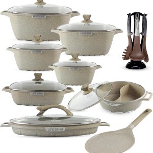 Cookware Set LIFE SMILE 22 pieces Square Pots and Pans Set - Granite, Non-Stick, PFOA Free - Include Casseroles, Shallow Pot, Hot Pot, Crepe Pan, Fish Pan, Kitchen Utensils