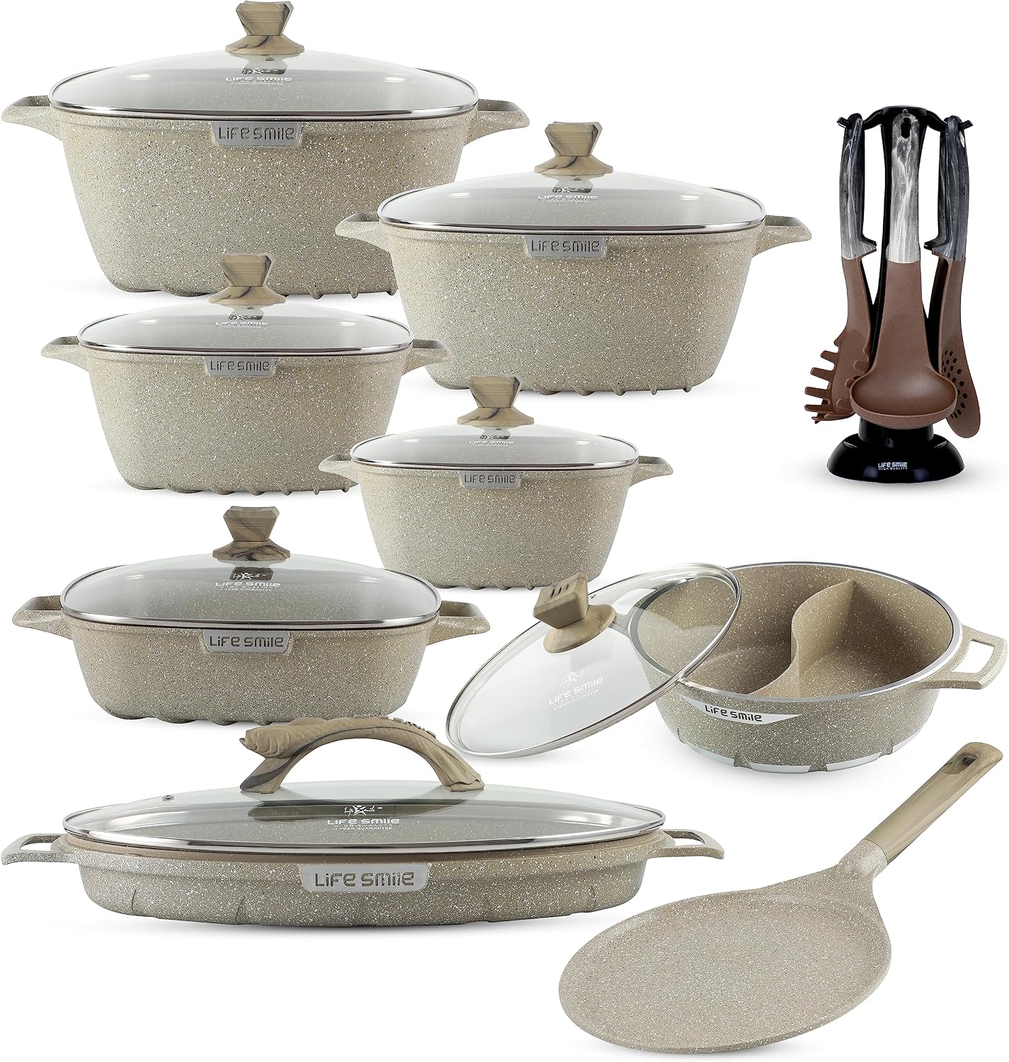 Cookware Set LIFE SMILE 22 pieces Square Pots and Pans Set - Granite, Non-Stick, PFOA Free - Include Casseroles, Shallow Pot, Hot Pot, Crepe Pan, Fish Pan, Kitchen Utensils