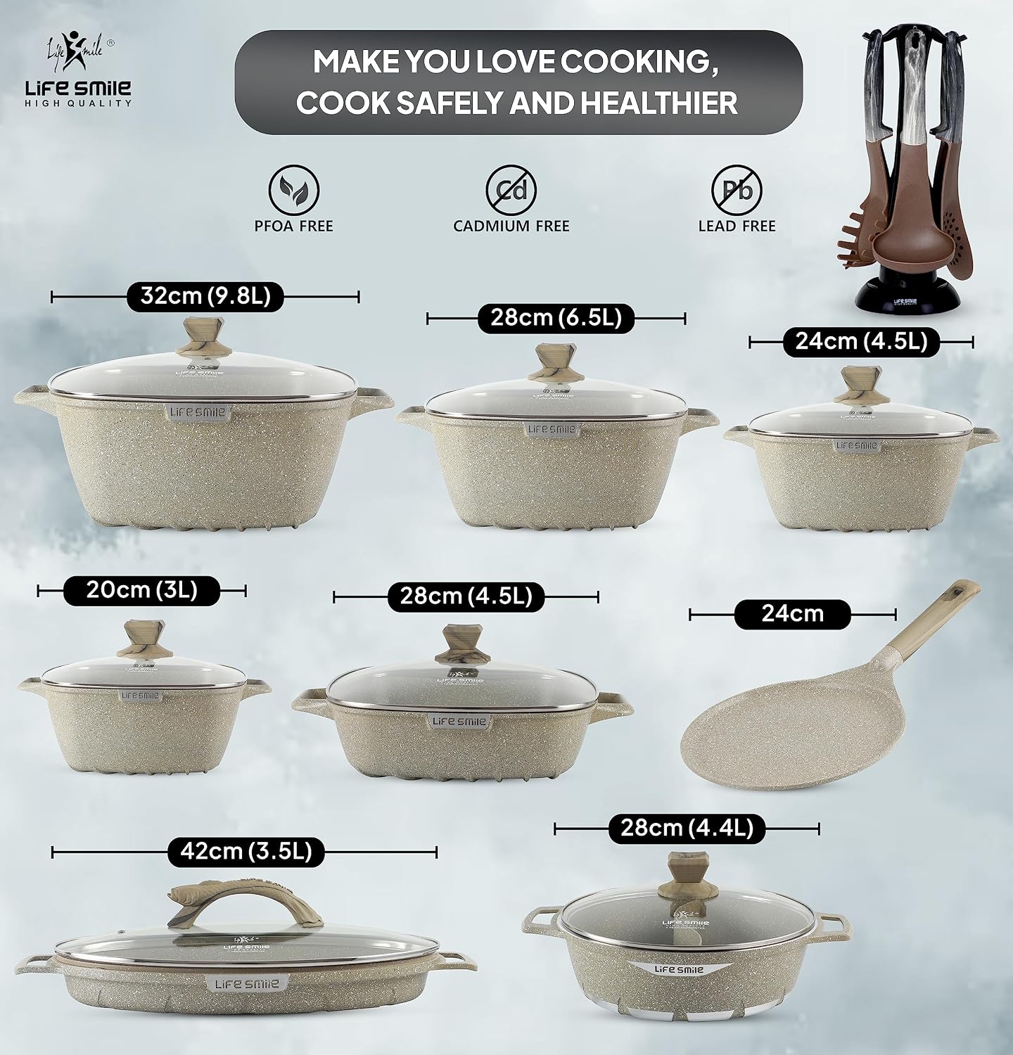 Cookware Set LIFE SMILE 22 pieces Square Pots and Pans Set - Granite, Non-Stick, PFOA Free - Include Casseroles, Shallow Pot, Hot Pot, Crepe Pan, Fish Pan, Kitchen Utensils - Image 2
